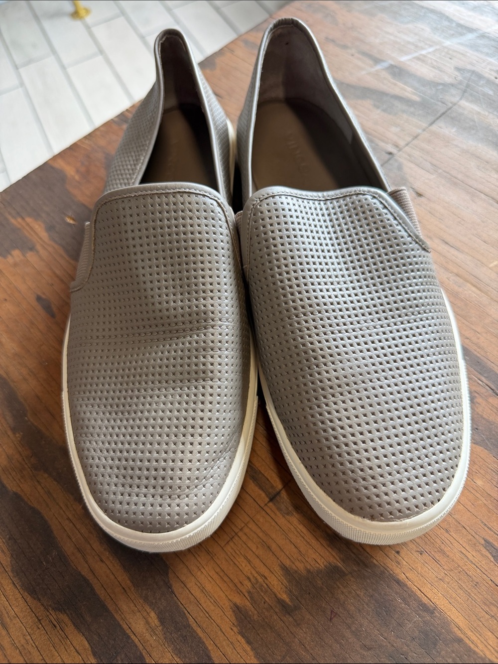 Vince Perforated Slip-On Loafers in Taupe